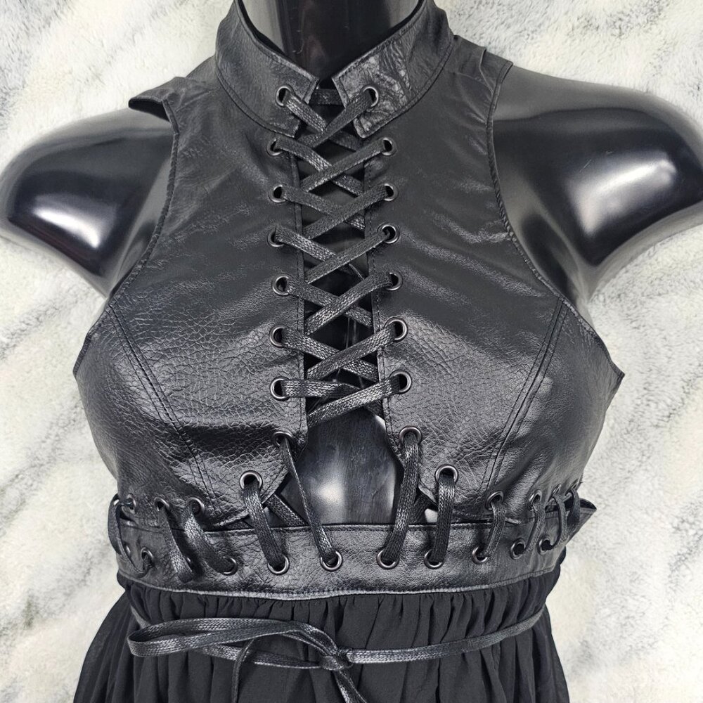 Darker Wavs XS Compression Corset High Neck Vegan Leather Flowy Midi Dress - Picture 2 of 7